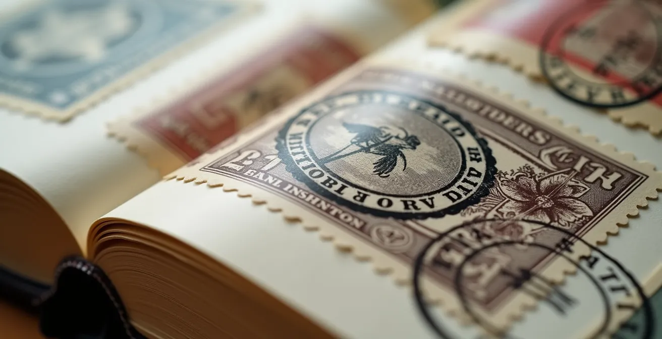 Album philatélique ouvert montrant différentes sections historiques avec cachets d'époques variées