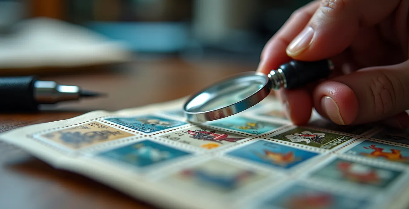 Mains examinant un bloc-feuillet français avec une loupe, révélant les détails des marges illustrées