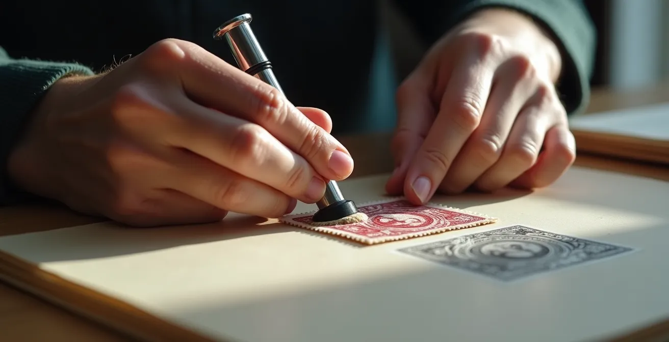 Analyse détaillée d'un timbre Cérès au compte-fils montrant le filet grec