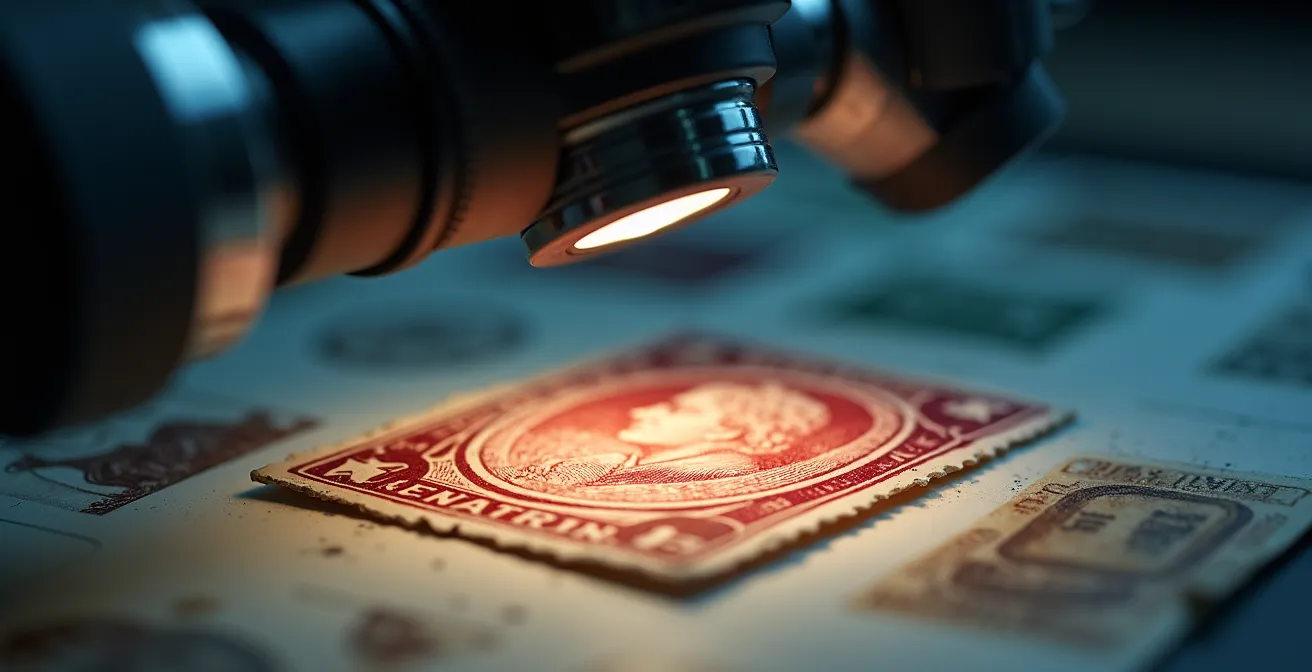 Examen détaillé d'un timbre français ancien sous loupe binoculaire révélant des défauts cachés