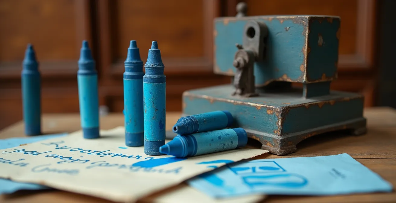 Détail d'annotations au crayon bleu sur une enveloppe taxée du XIXe siècle