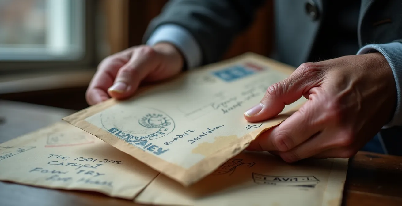 Détail d'annotations au crayon bleu de postier sur enveloppe ancienne