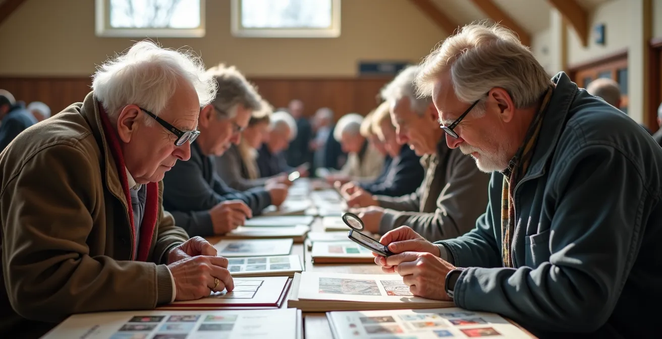 Vue d'ensemble d'une bourse philatélique avec tables d'exposition et visiteurs