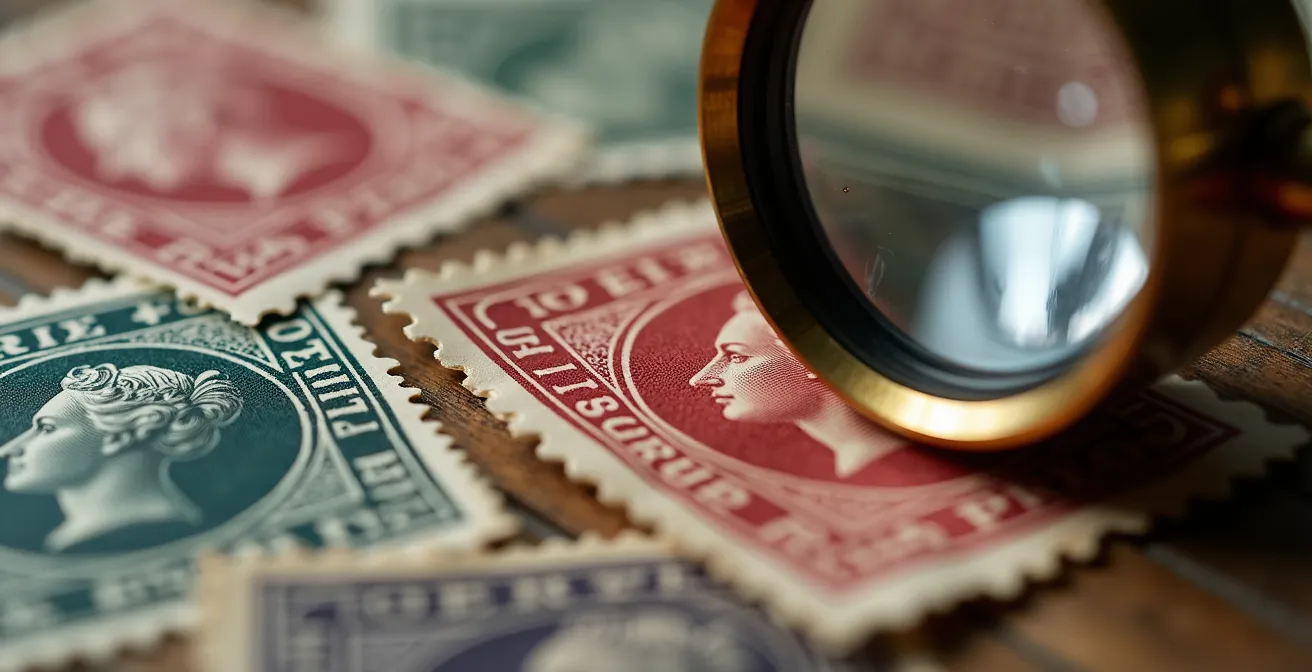 Vue macro d'une loupe examinant des timbres anciens français avec variations de prix saisonnières