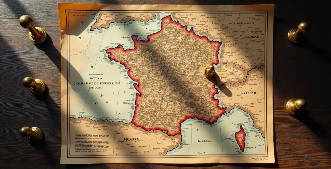 Carte ancienne d'un département français avec épingles marquant les bureaux de poste