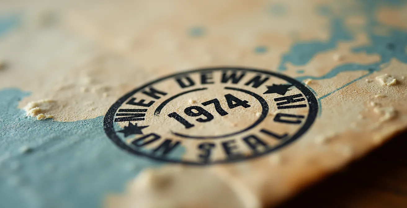 Macro photographique d'un cachet militaire sur enveloppe de 1974 avec texture de papier vieilli