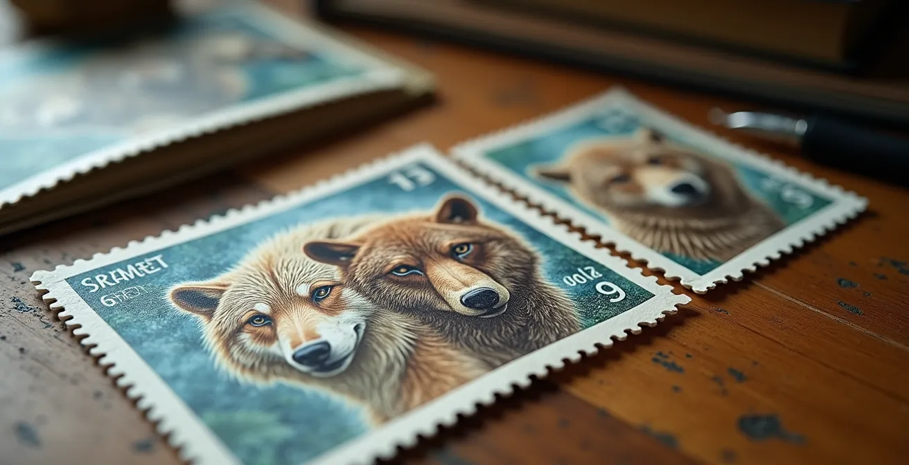 Arrangement artistique de timbres faune française sur table de travail en bois