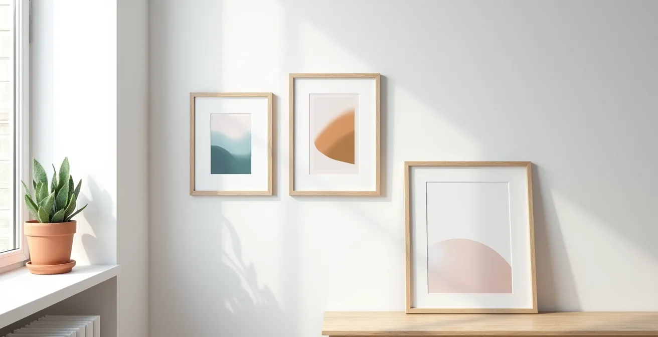 Disposition artistique de timbres encadrés sur un mur avec éclairage naturel