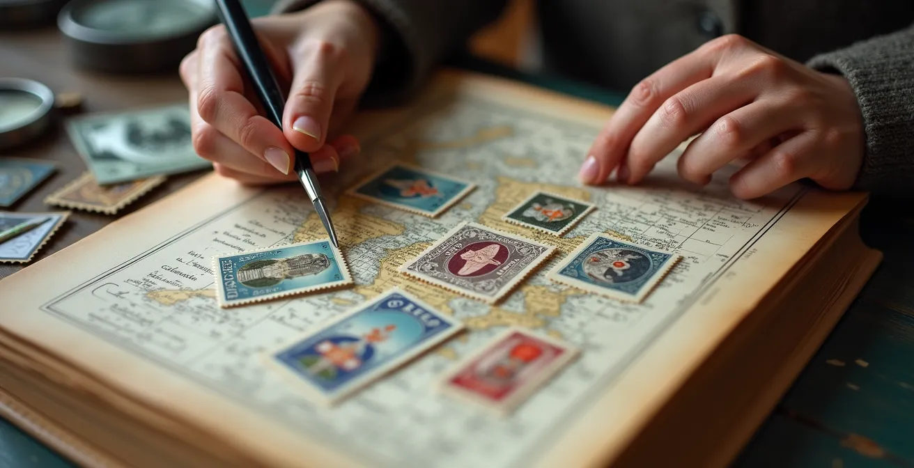 Vue d'ensemble d'une collection de timbres Type Groupe organisée géographiquement