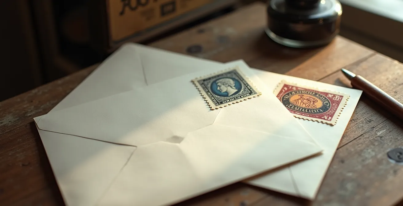 Deux enveloppes affranchies, l'une avec Marianne, l'autre avec un timbre artistique, sur table en bois