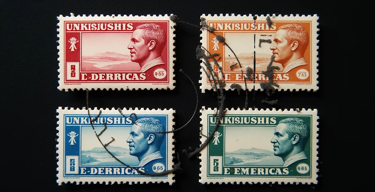 Vue macro détaillée de quatre états de gomme différents sur des timbres français classiques