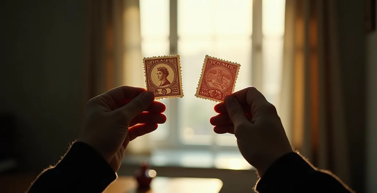 Vue en transparence comparative de deux timbres Empire montrant les différences de texture du papier