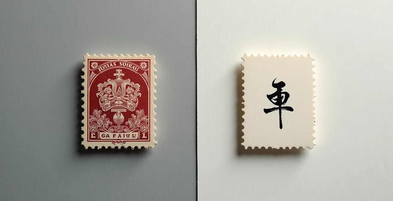 Comparaison visuelle entre un timbre français très dense et un timbre japonais épuré