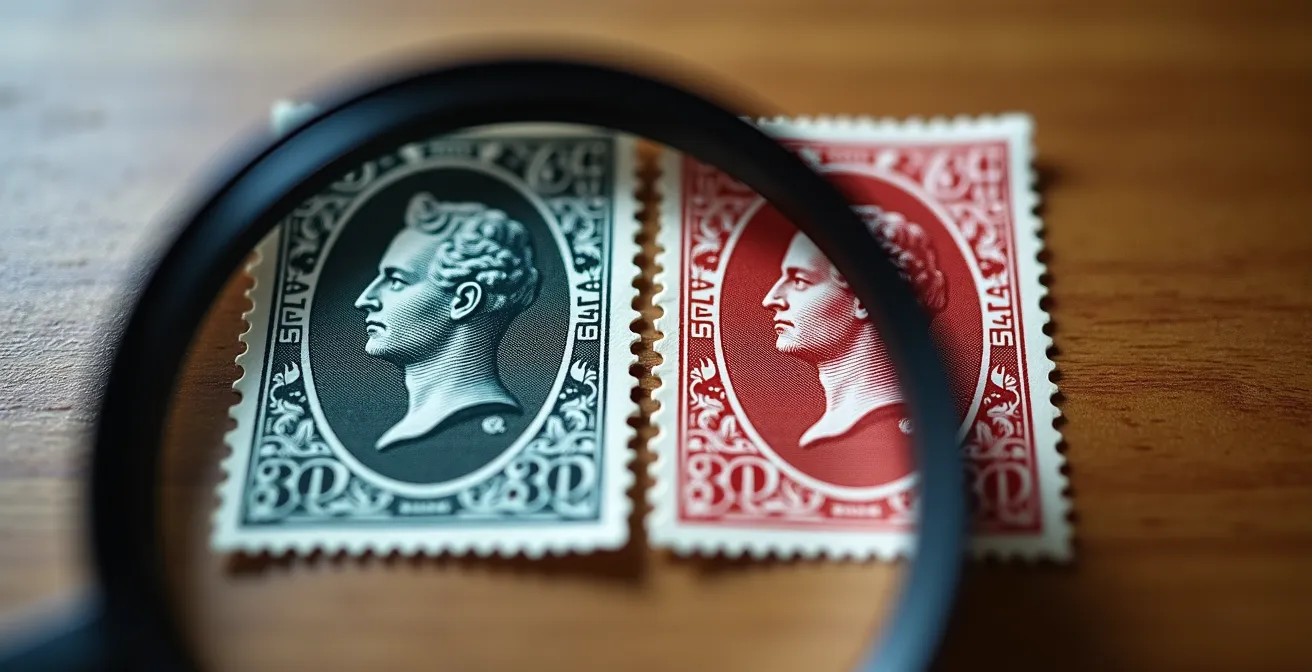 Gros plan macro sur deux timbres Napoléon III, l'un non dentelé de 1853 et l'autre dentelé de 1862, sous loupe de philatéliste