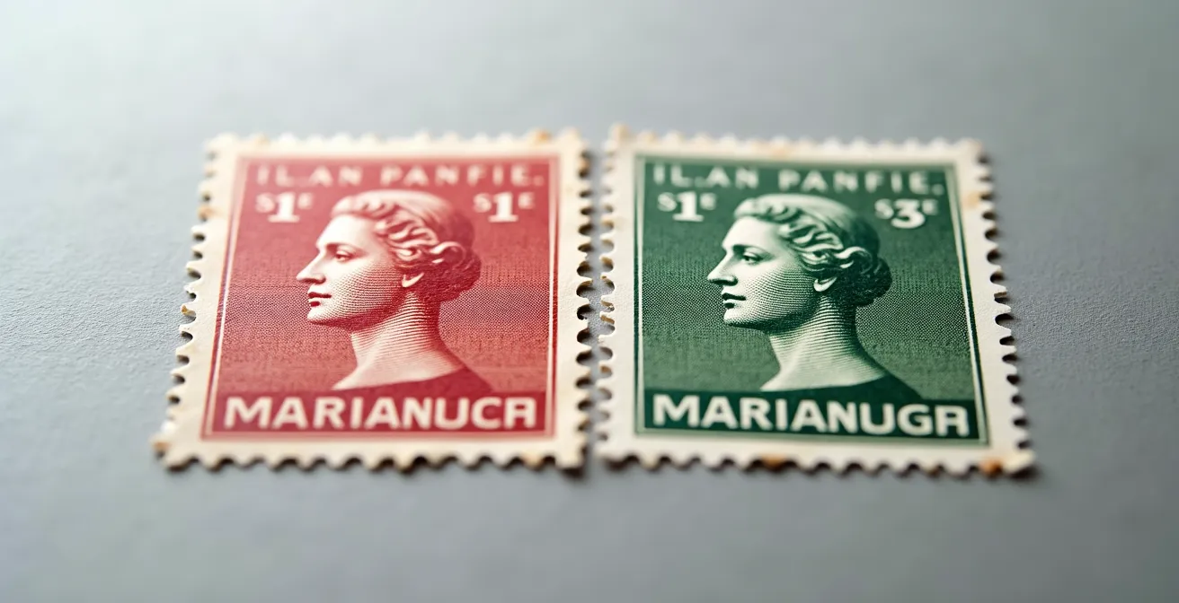 Comparaison macro entre un timbre de roulette et un timbre de feuille montrant les différences de dentelure