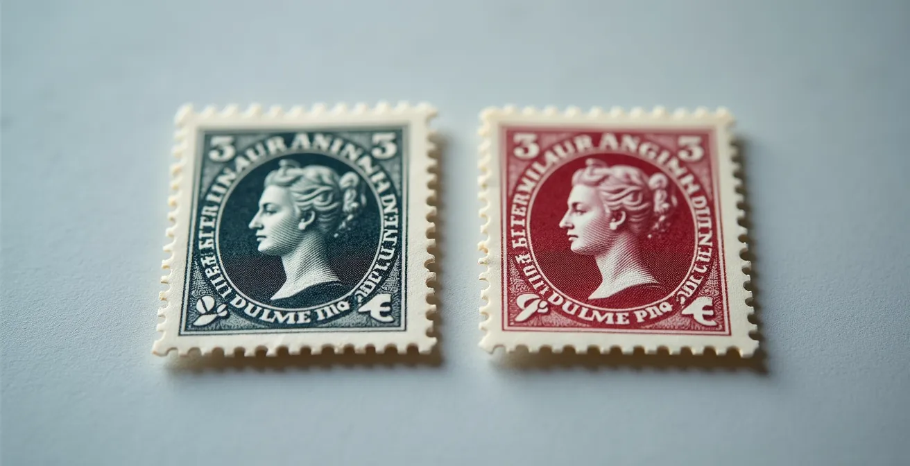 Comparaison macro entre une variété de case constante et un défaut aléatoire sur timbre Marianne de Béquet