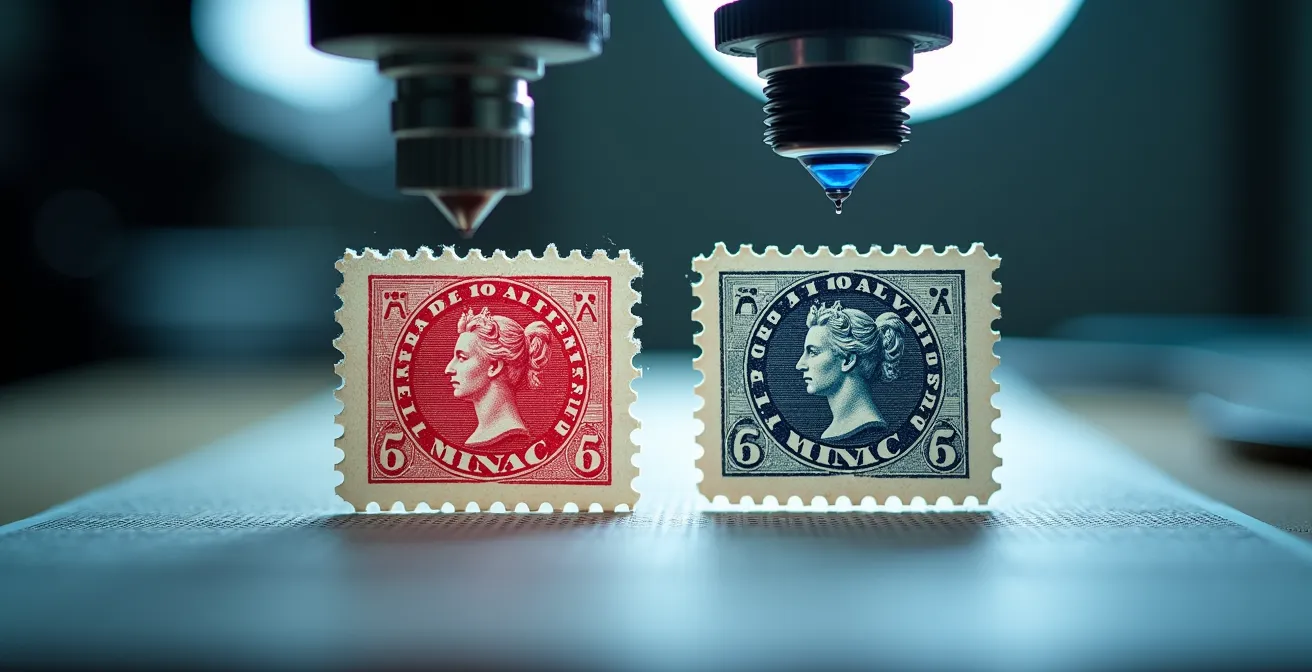 Comparaison détaillée entre un timbre original et sa réimpression de 1862 sous loupe binoculaire