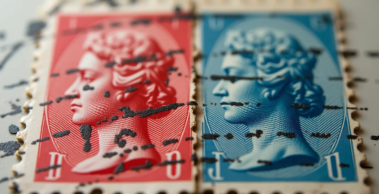 Comparaison détaillée de surcharges France Libre vraies et fausses sur timbres