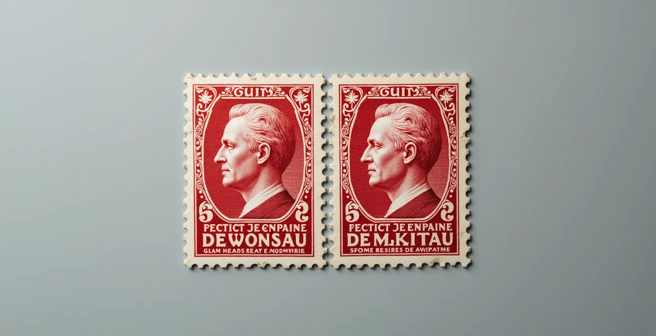 Comparaison visuelle entre un timbre neuf sans charnière et un timbre avec trace de charnière