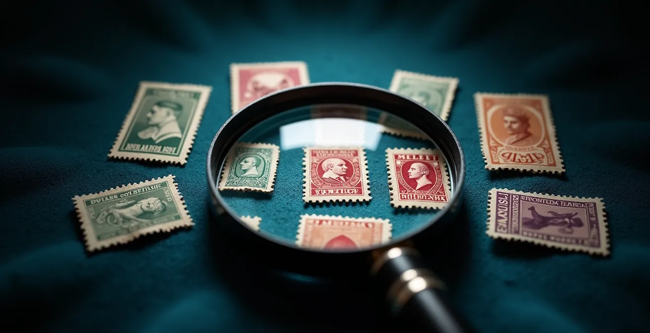 Vue macro d'une variété de couleur sur un timbre Marianne de Gandon examiné à la loupe