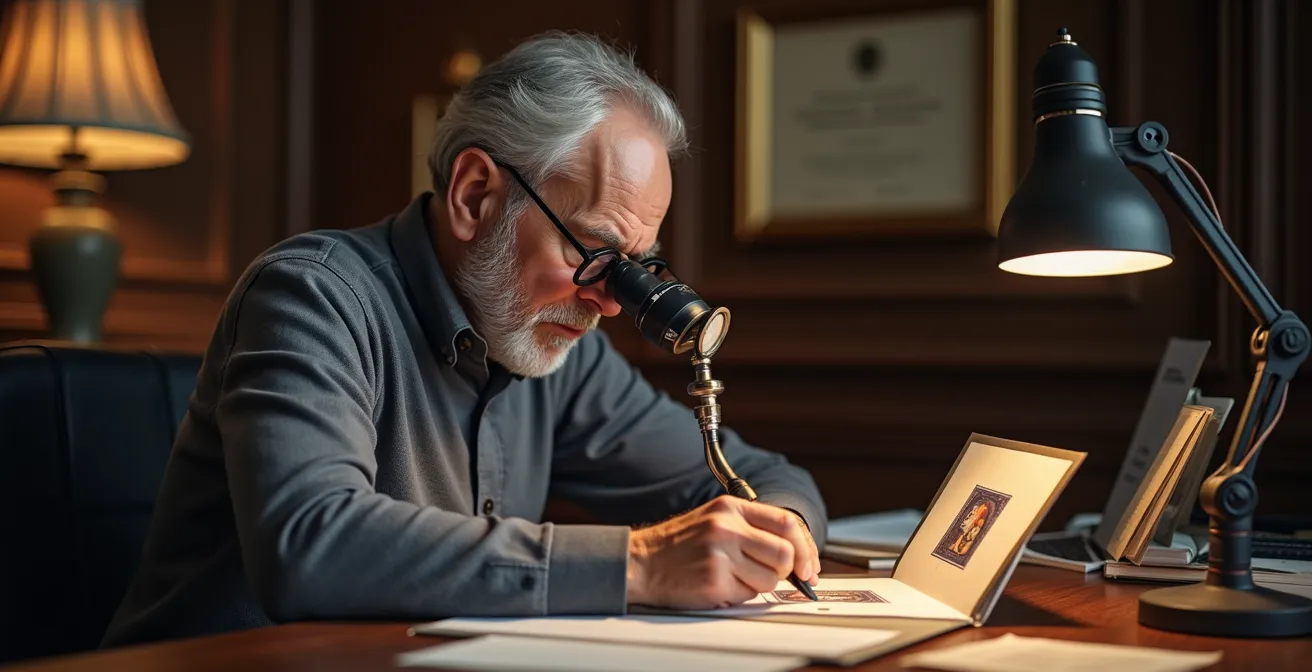Expert philatéliste examinant un timbre rare français avec loupe binoculaire dans un cabinet d'expertise