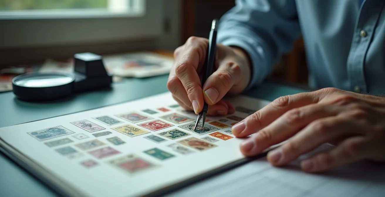 Expert philatélique analysant des surcharges de la Libération avec des outils spécialisés