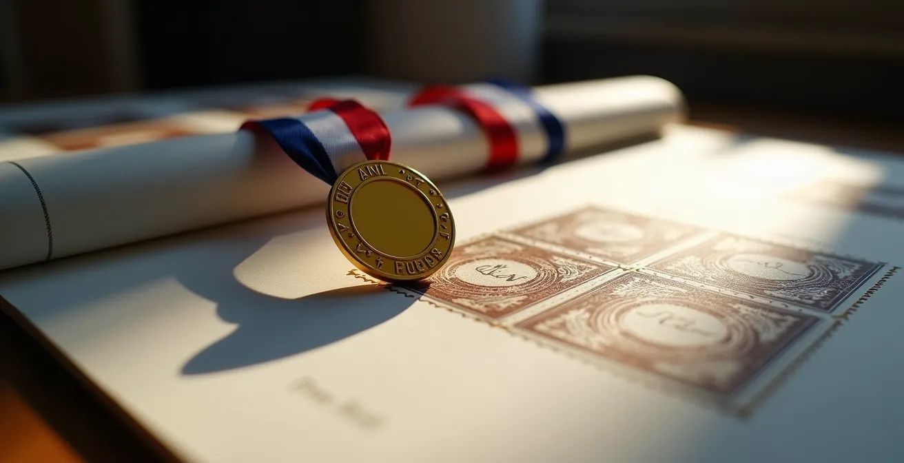 Présentation professionnelle de collection primée avec médaille d'or visible