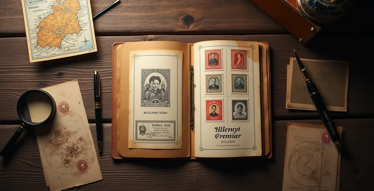 Composition créative montrant une fiche d'identité de résistant façon dossier d'agent secret avec timbre ancien et éléments graphiques d'époque