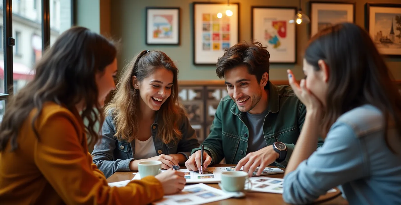 Groupe d'amis évaluant des timbres autour d'une table avec loupes et albums
