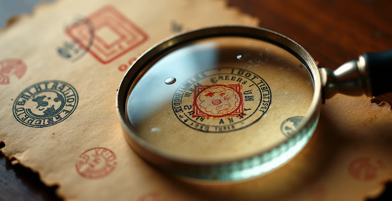 Détail de marques postales révolutionnaires avec loupe d'expert sur papier ancien