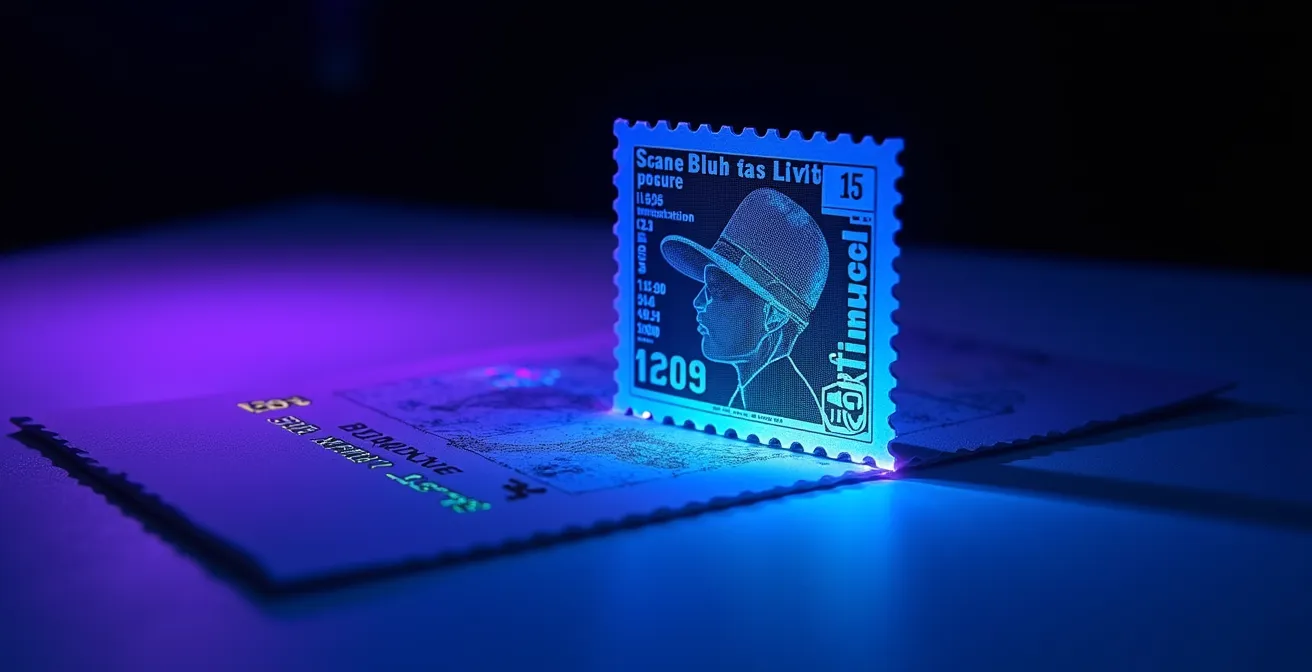 Détail des micro-impressions de sécurité sur timbre Marianne sous lumière UV