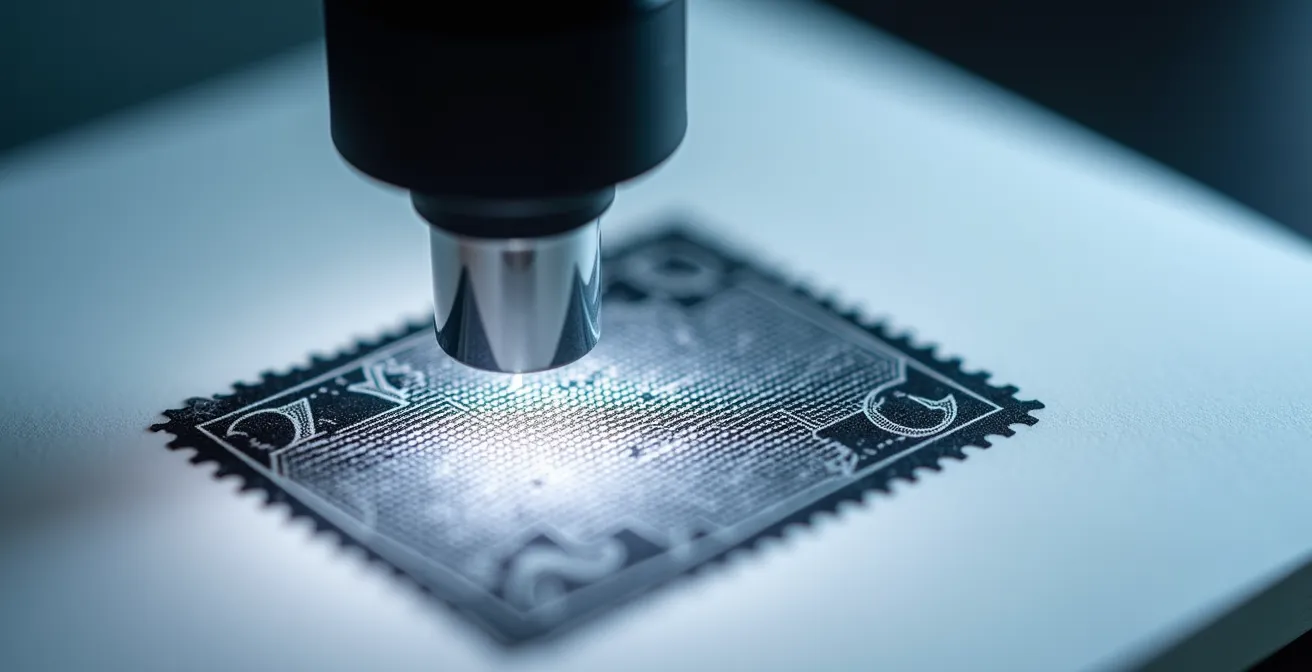 Microscope USB analysant la trame d'un timbre en héliogravure avec éclairage LED