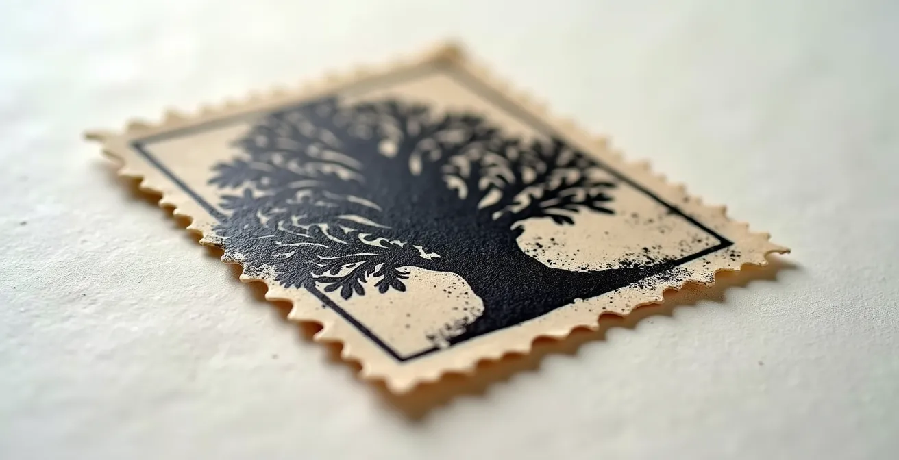 Détail microscopique de l'encre d'oblitération traversant les fibres d'un timbre Cérès