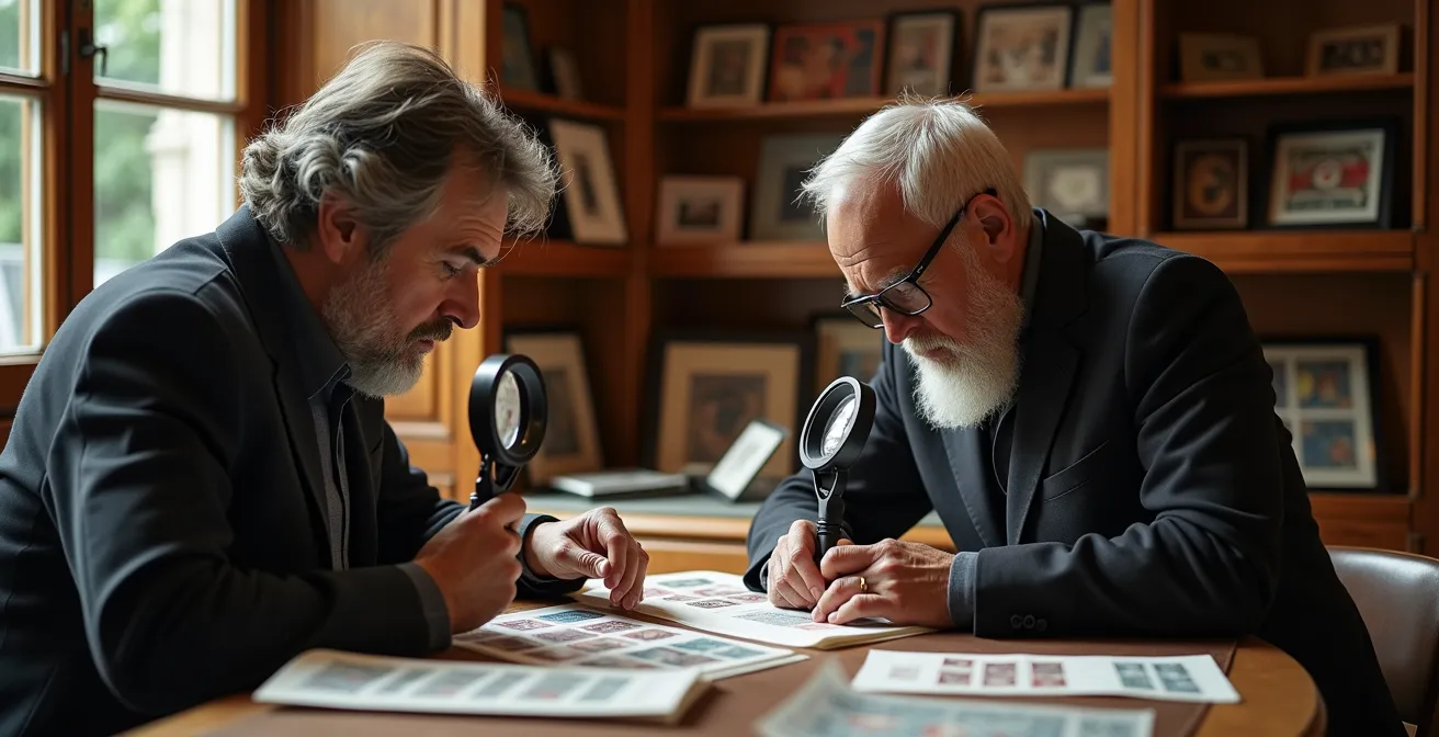 Négociant philatélique examinant des timbres anciens avec un collectionneur dans une boutique parisienne