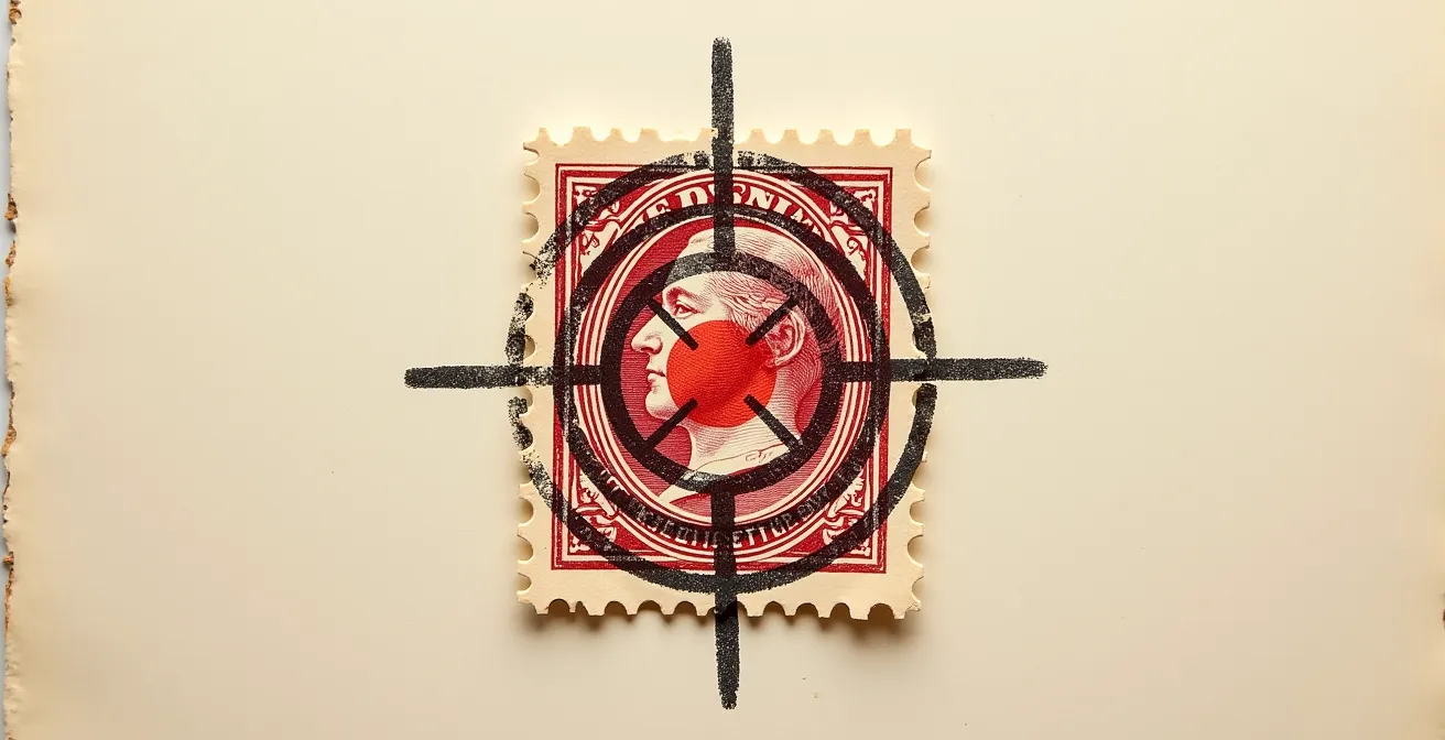 Oblitération parfaitement centrée sur un timbre classique français montrant l'effet bullseye recherché