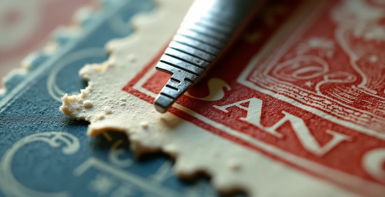 Gros plan macro d'un odontomètre métallique mesurant la dentelure d'un timbre ancien