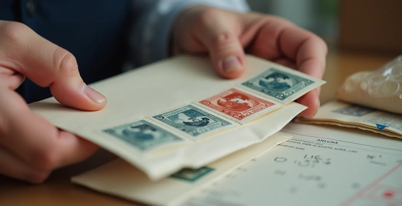 Gros plan sur des mains préparant un envoi sécurisé de timbres avec formulaires douaniers