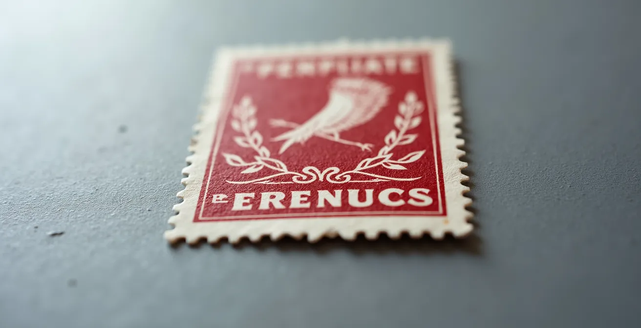 Timbre non dentelé avec quatre marges complètes et indication de coin de feuille sur support de collection