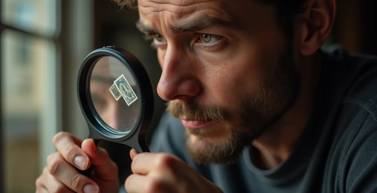 Timbre Marianne incliné sous lumière rasante révélant les variations de surface