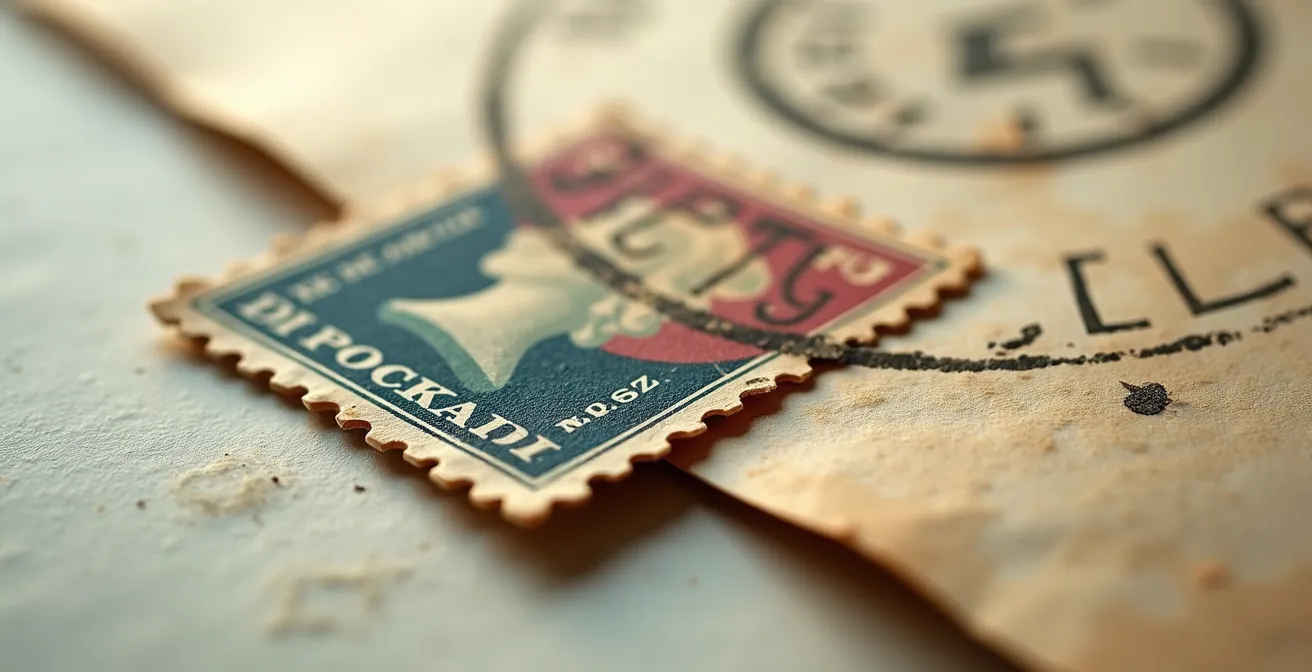 Gros plan sur un timbre classique français du XIXe siècle encore attaché à son enveloppe d'origine avec oblitération