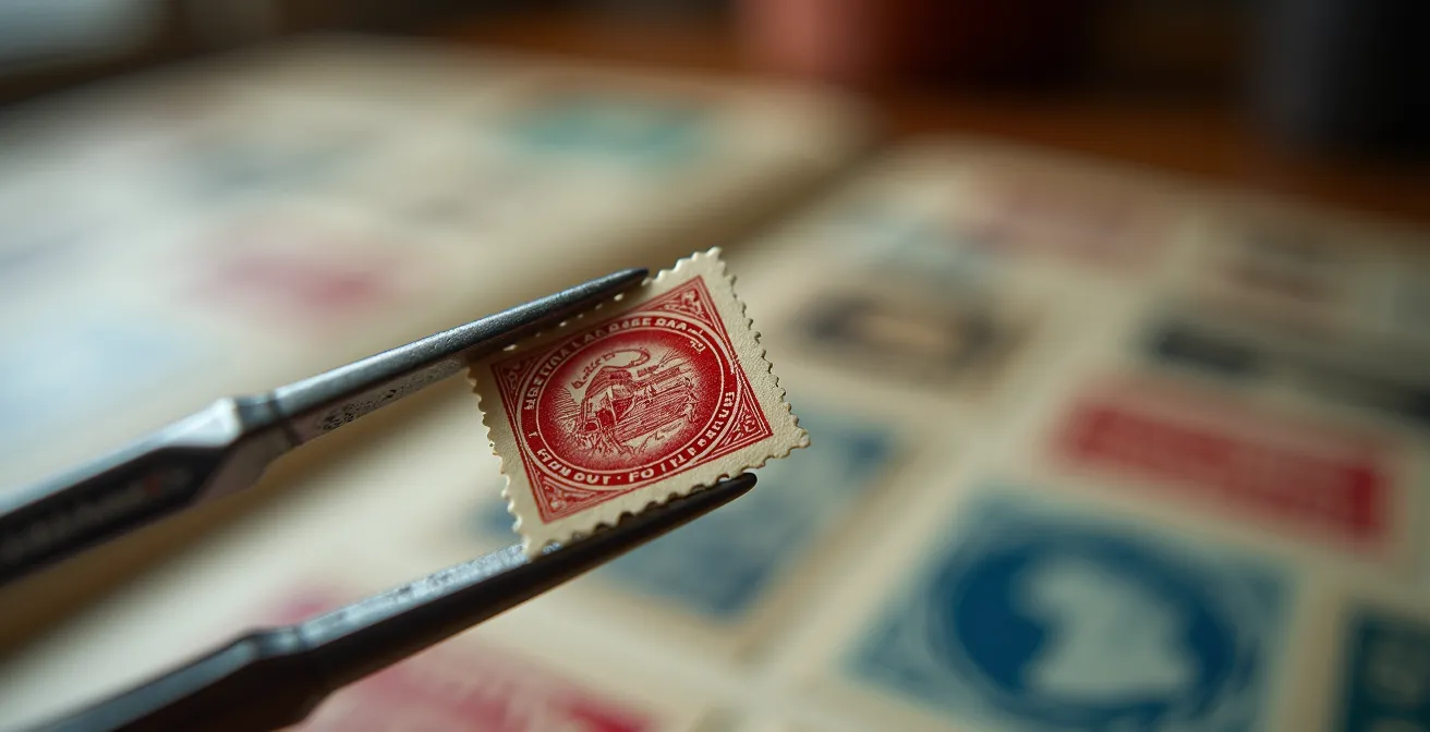Expert philatéliste examinant une collection de timbres avec loupe macro