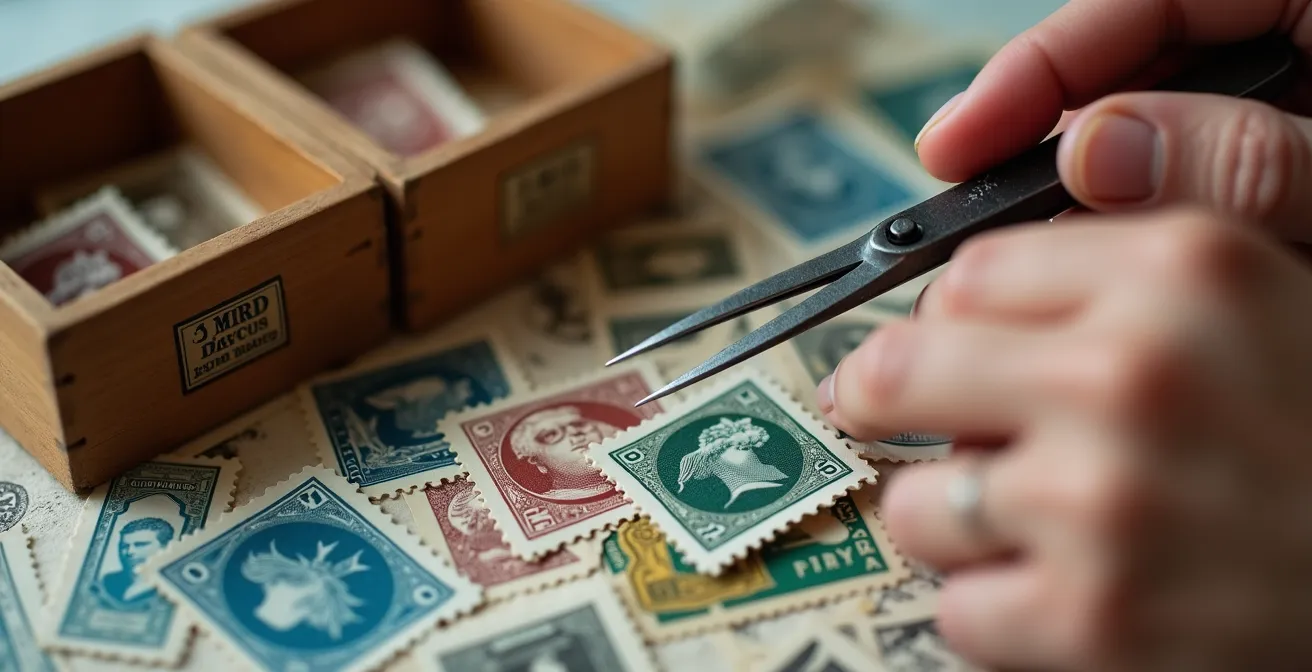 Mains expertes triant des timbres anciens avec pinces spécialisées dans trois boîtes de tri distinctes