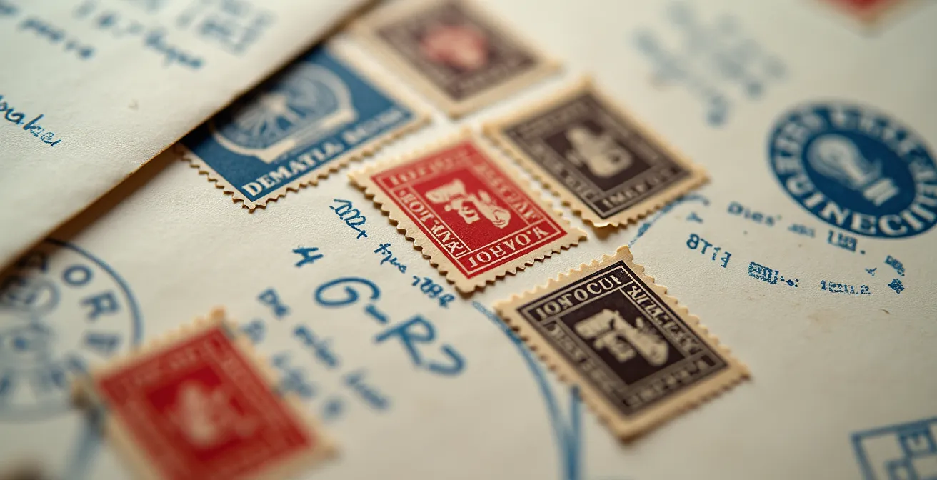 Détail macro de cachets postaux artisanaux sur enveloppes anciennes