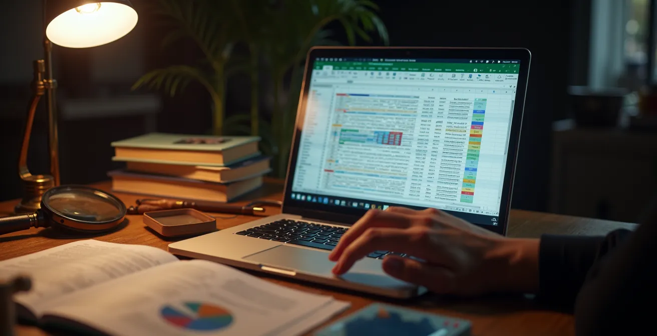 Vue rapprochée d'un écran d'ordinateur montrant un tableur de catalogage philatélique