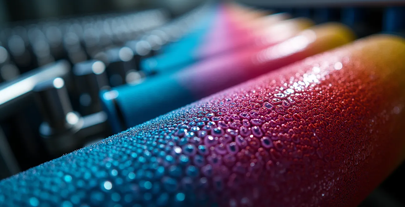 Gros plan macro sur les cylindres colorés d'une presse rotative montrant les alvéoles gravées et les encres CMJN