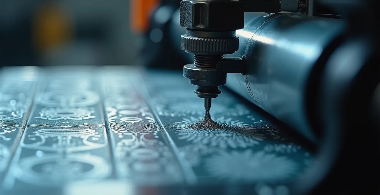 Vue macro d'un cylindre de presse rotative TD6 en action avec détails mécaniques