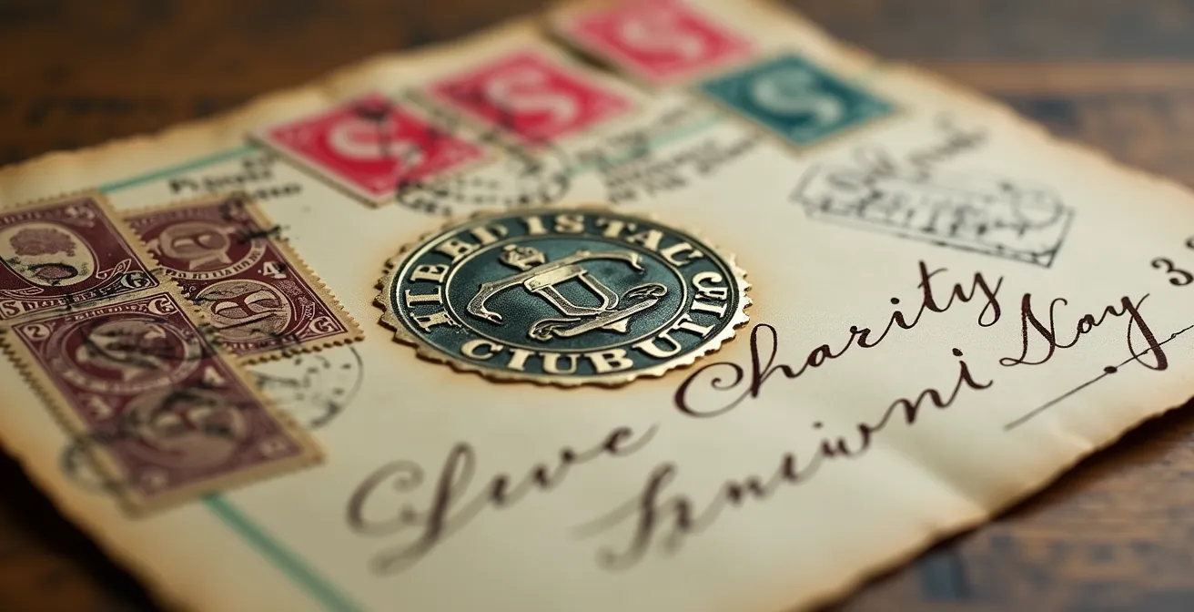 Gros plan sur une lettre ancienne avec vignette caritative et cachets postaux
