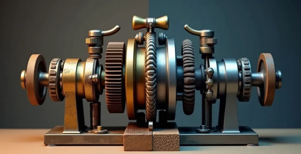 Juxtaposition symbolique d'une presse à bras ancienne et d'éléments mécaniques modernes de rotative